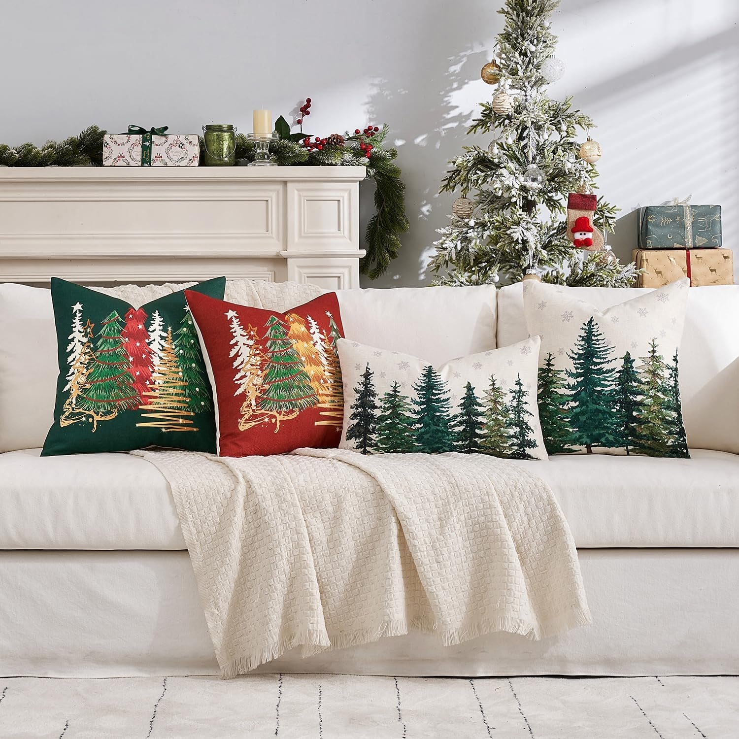 Set of 1 Holiday Christmas Red Decorative Pillow Cover 18X18 Inch Christmas Tree Festivals Throw Pillow Case Winter Seasonal Cushion Case Home Decors for Sofa Couch Bedroom