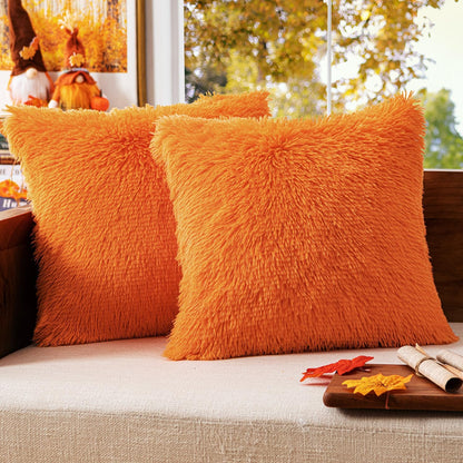 Set of 2 Fall Luxury Faux Fur Throw Pillow Cover Deluxe Decorative Plush Pillow Case Cushion Cover Shell for Sofa Bedroom Car 18X18 Inch Orange Halloween