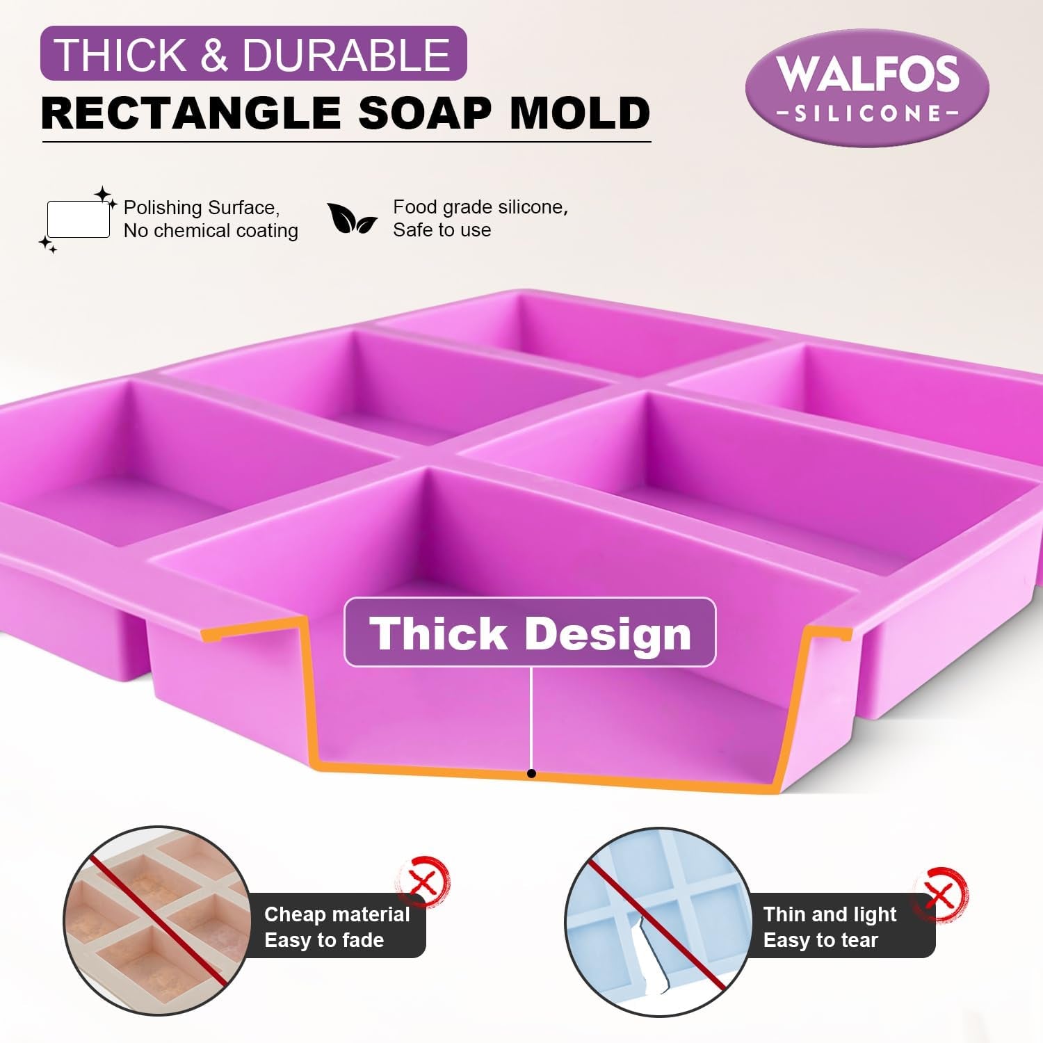 Silicone Soap Molds Set of 3, 6 Cavities Rectangle Silicone Soap Molds for Homemade Craft Soap Mold, Cake,Chocolate ＆ Ice Cube Tray（Blue & Purple ＆ Pink）