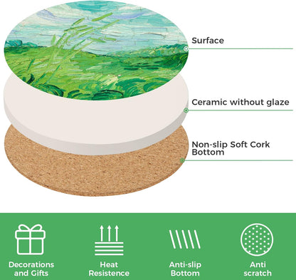 Drink Coasters with Holder, Coasters for Drinks-Set of 6, Van Gogh Paintings Art Ceramic Coasters for Coffee Table Gifts Home Decor, Green, 4 Inches, 10CM