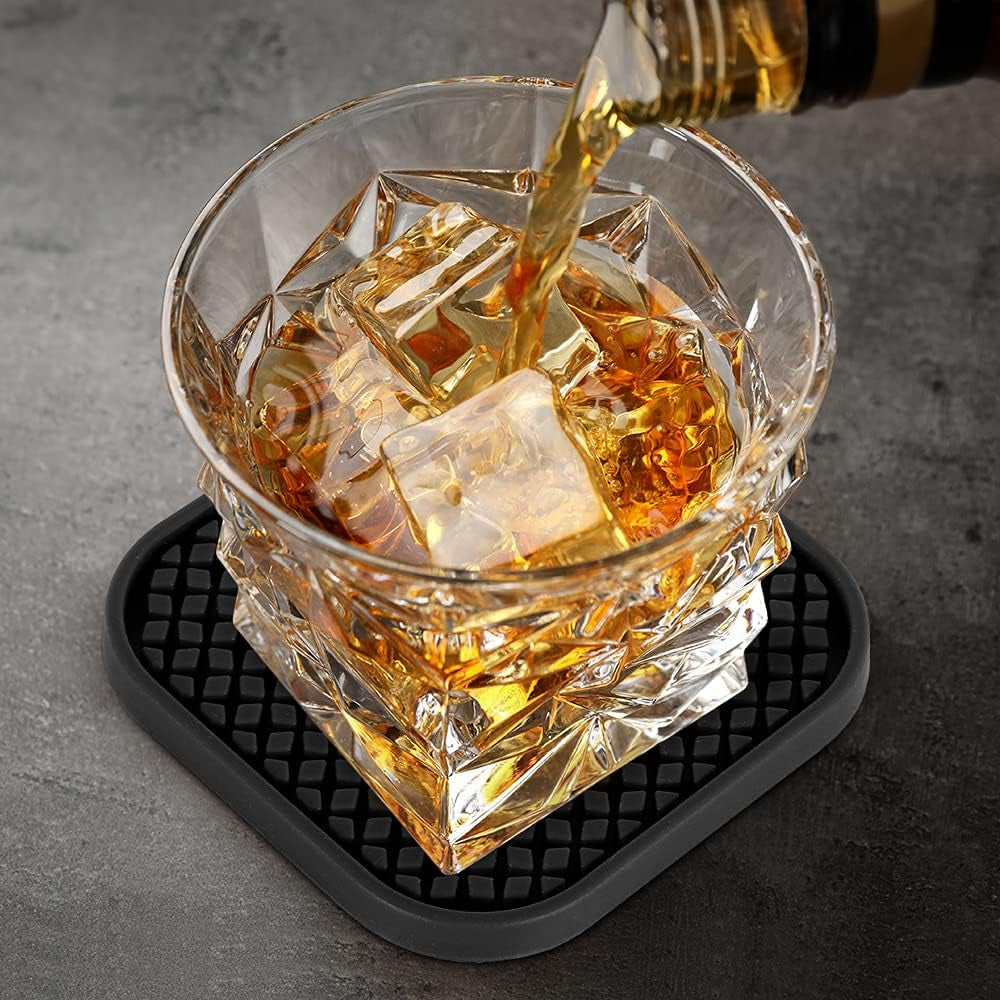 Silicone Coasters with Holder [6 Pack] Square Drink Cup Mat - Non-Slip, Non-Stick, Stay Put, Deep Tray - Prevents Furniture and Tabletop Damages Black