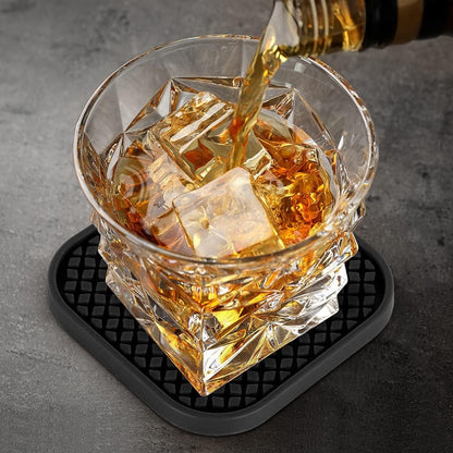 Silicone Coasters with Holder [6 Pack] Square Drink Cup Mat - Non-Slip, Non-Stick, Stay Put, Deep Tray - Prevents Furniture and Tabletop Damages Black