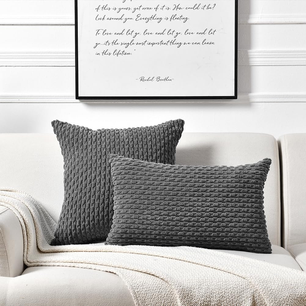 Set of 2 Dark Gray Lumbar Decorative Throw Pillow Covers 12X20 Inch for Couch Living Room Bed Sofa, Modern Farmhouse Boho Home Decor, Soft Plush Grey Corduroy Rectangle Cushion Case