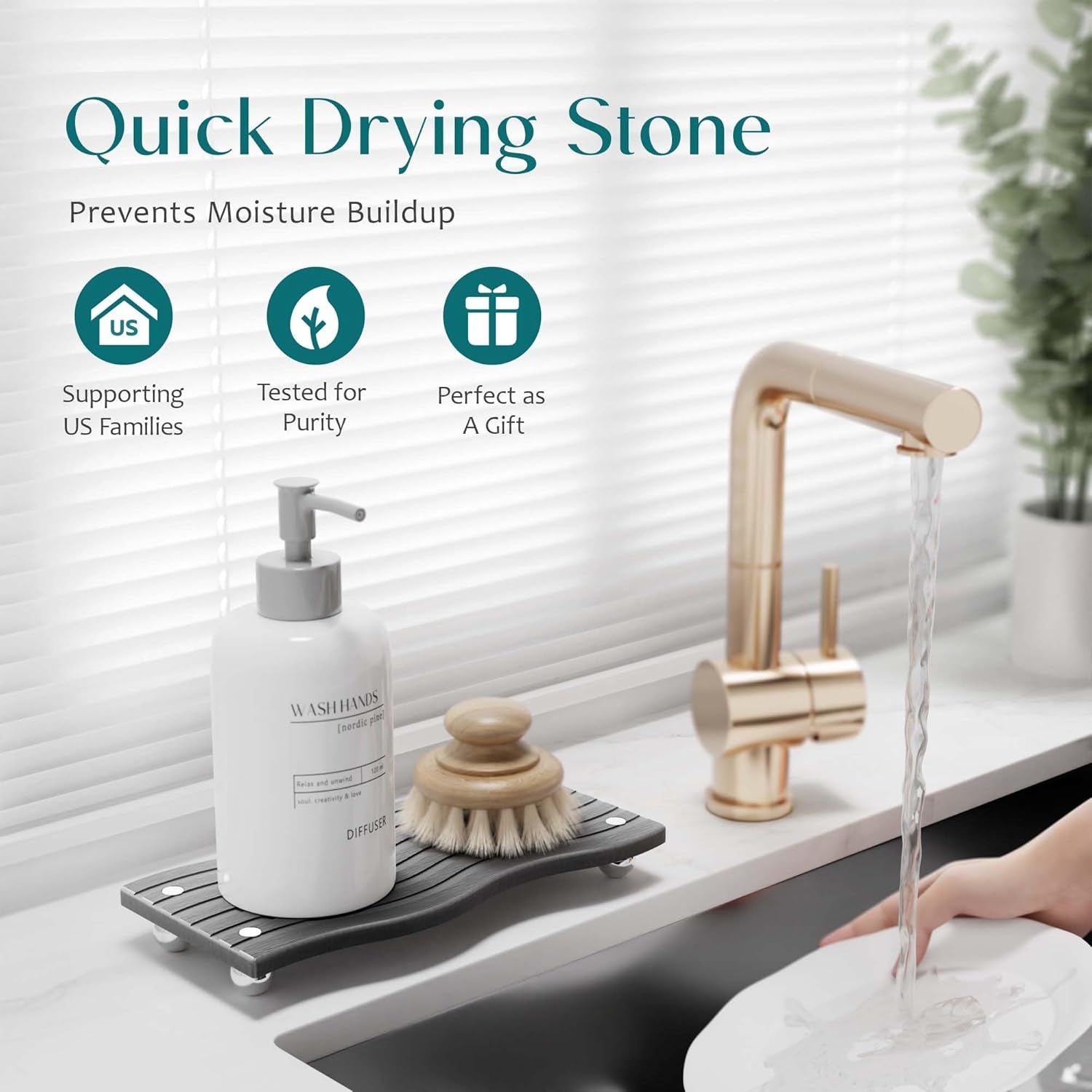 Water Absorbing Stone Tray for Sink, Diatomite Drying Stone for Kitchen Bathroom Counter, Decorative Raised-Feet Vanity Tray, Sink Caddy Organizer for Dish Soap & Sponge Holder [Dark Grey, 9'' X 4'']