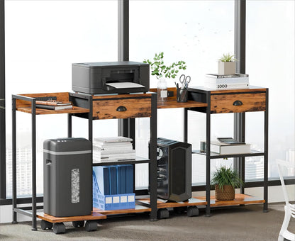 Printer Stand with Storage Drawer,Printer Table with Charging Station and USB Port,Industrial 3 Tier Shelf, Shredder Stand with Wheels,For Home Office,Rustic Brown