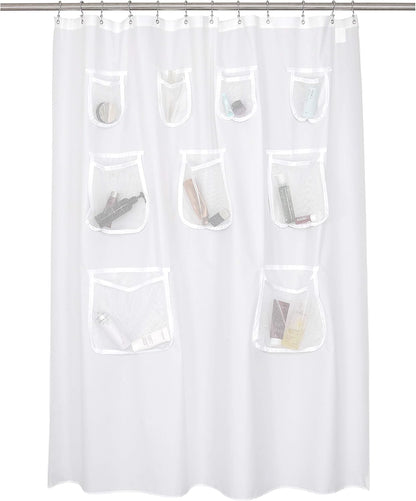 Water Repellent Fabric Shower Curtain or Liner with 9 Mesh Pockets - White, 71X72 Inches