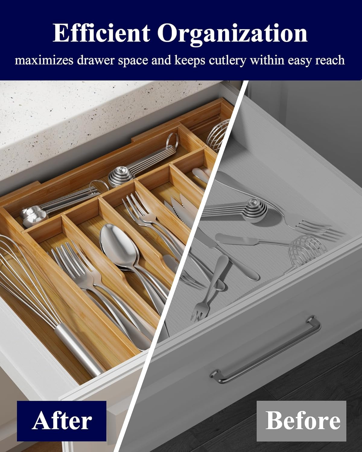 Large Thickened Silverware Organizer - Expandable Bamboo Kitchen Drawer Organizer for Cooking Utensils and Cutlery, Sturdy Kitchen Organizers and Storage Solution, 18.5"×13.3"×1.8"