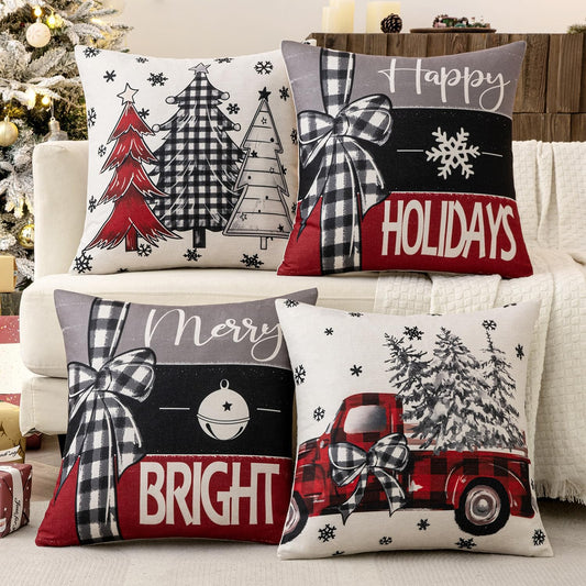 Set of 4 Black and Red Decorative Pillow Covers 16X16 Inch Happy Holiday Christmas Tree Throw Pillow Cases Winter Seasonal Cushion Cases Home Decors for Sofa Couch Bedroom