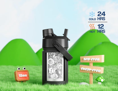 12 Oz Kids Leakproof Water Bottle: 2-In-1 Straw Spout Lid, Bpa-Free, Easy Carry, Keep Cold 24H, Cupholder Friendly, Stainless Steel Cup for Summer Camp, Playground, Trip, Birthday Gift (Dark Knight)