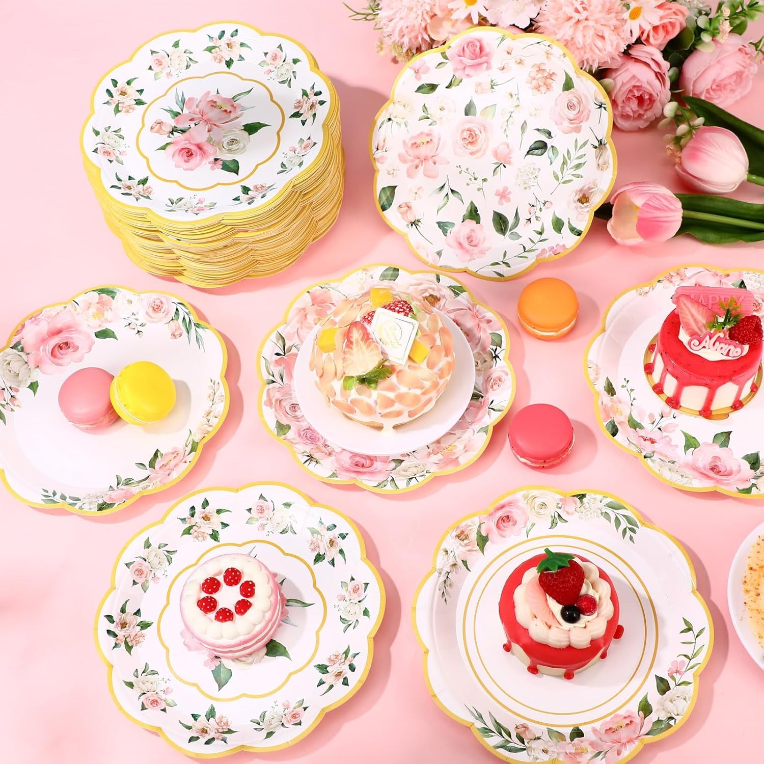 120-Piece Summer Pink Floral Paper Plates, 7-Inch Disposable Tableware for Birthday, Wedding, Baby Shower, Tea Party, and Bridal Shower Decorations