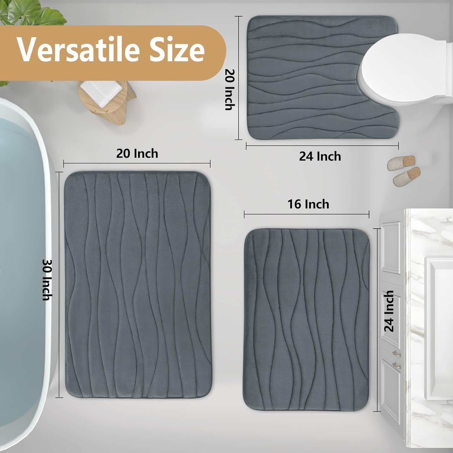 Memory Foam Bathroom Rug Mat 24X16, Extra Soft and Absorbent Bath Mats, Non-Slip and Machine Washable Bath Rugs for Bathroom Floor,Tub and Shower, Dark Grey