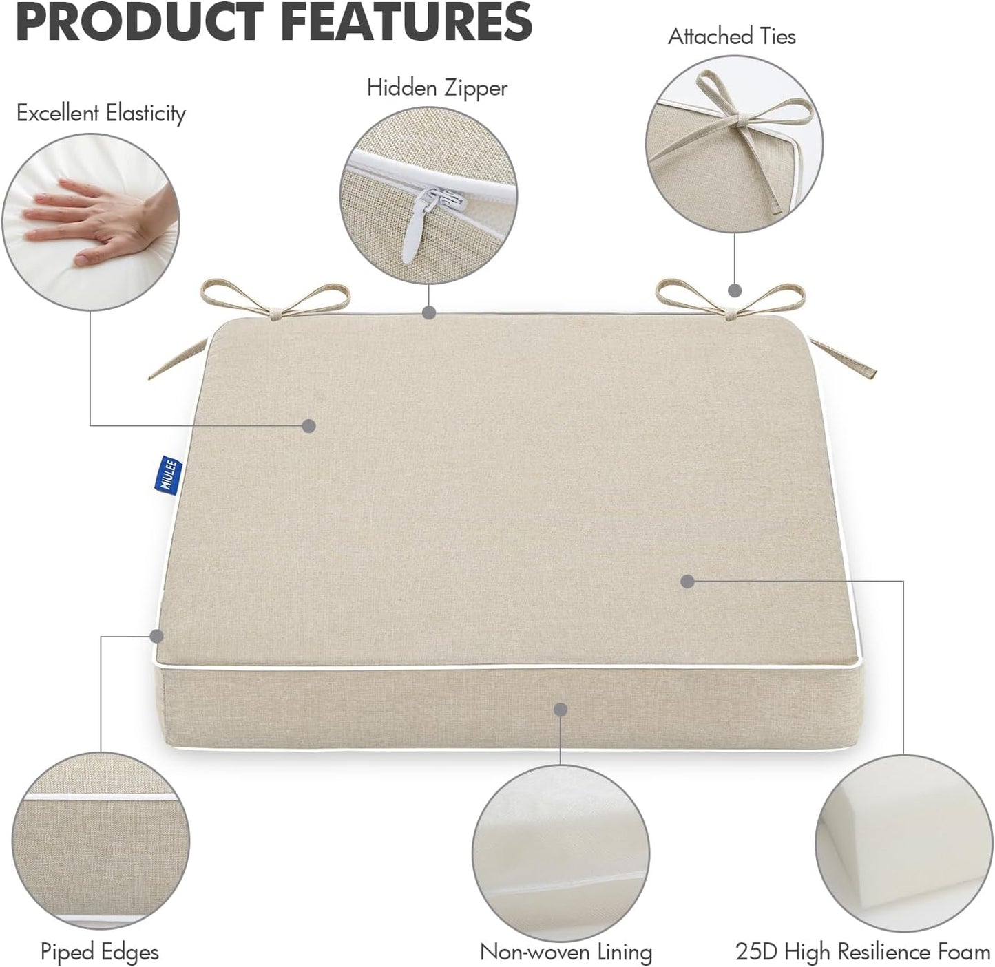 Outdoor Chair Cushions Set of 2, 19 x 19 x 3 Inch Waterproof Seat Cushions for Patio Furniture, Beige with Ties