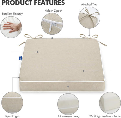 Outdoor Chair Cushions Set of 2, 19 x 19 x 3 Inch Waterproof Seat Cushions for Patio Furniture, Beige with Ties