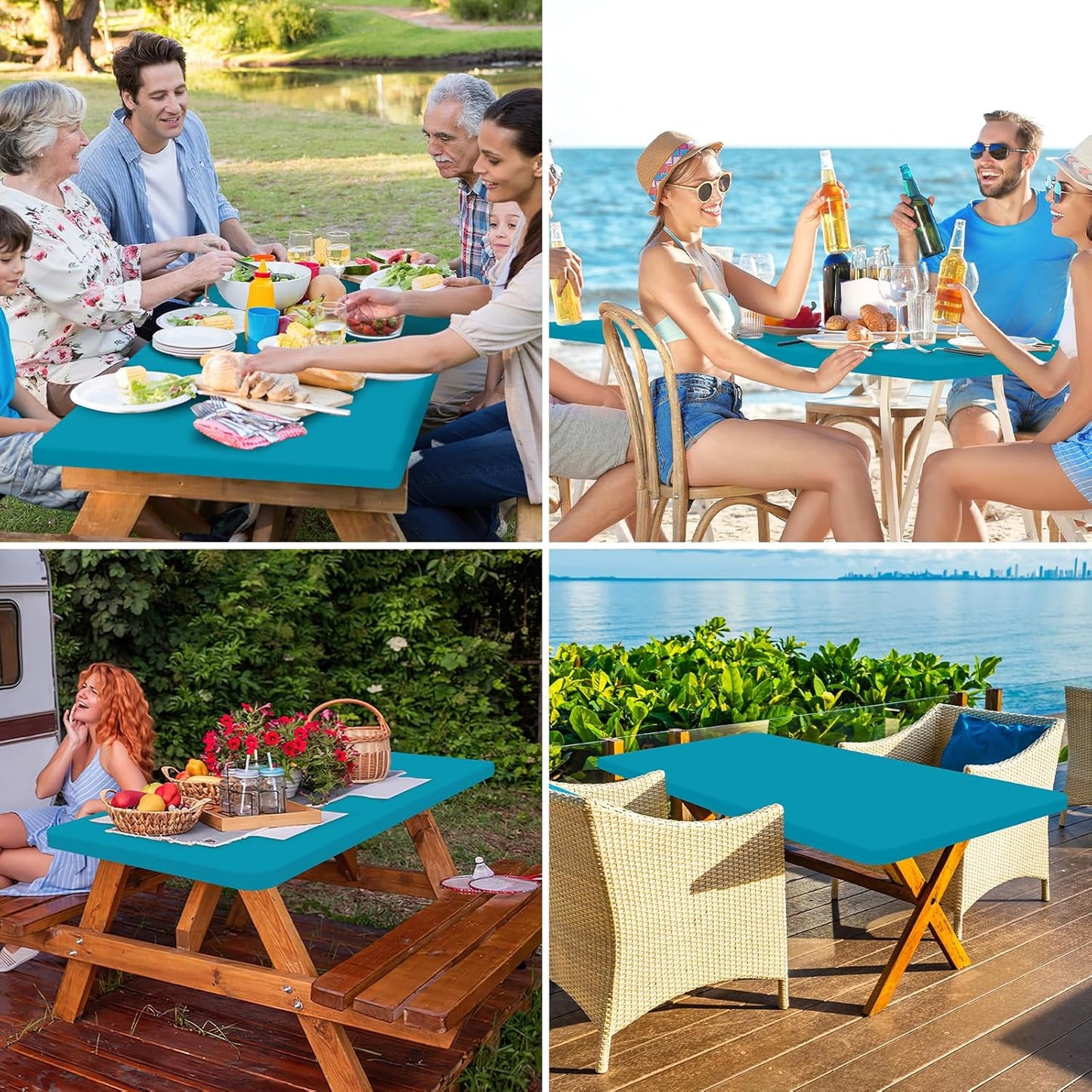 Rectangle Table Cloth Cover, Waterproof Polyester Elastic Fitted Tablecloth, Fits for 6 Foot Folding Tables, Washable Table Protector for Picnic, Camping, Outdoor (Teal, 30" X 72")