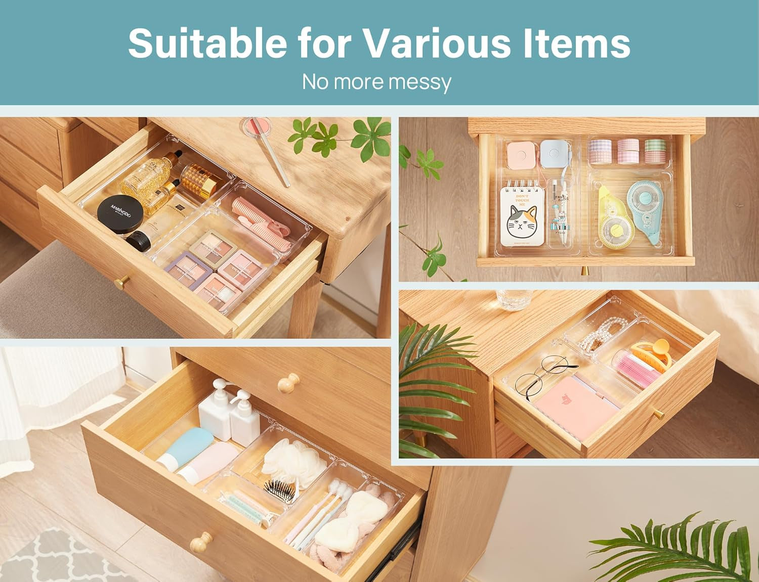 9 Pcs Drawer Organizer Set, 4-Size Bathroom Vanity Trays Makeup Desk Dividers Versatile Storage Bins Clear Plastic Container for Dresser, Bedroom, Kitchen, Office