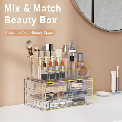 2Pc 4-Drawer Makeup Organizer Countertop Cosmetic Storage for Vanity | Bathroom | Skincare | Perfume Storage, Casual Pairing No Assembly, Ideal Gift for Women, Clear with Luxe Gold Trim