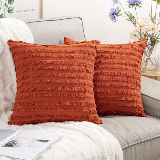 Set of 2 Fall Decorative Boho Throw Pillow Covers Linen Striped Jacquard Pattern Cushion Covers for Sofa Couch Living Room Bedroom 18X18 Inch Burnt Orange