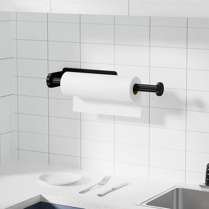 Black Paper Towel Holder under Cabinet, No Drilling under Counter Paper Towel Holder Wall Mount Towel Rack, Adhesive Toilet Paper Roll Holders for Kitchen Bathroom Fridge Pantry Garage RV Essentials