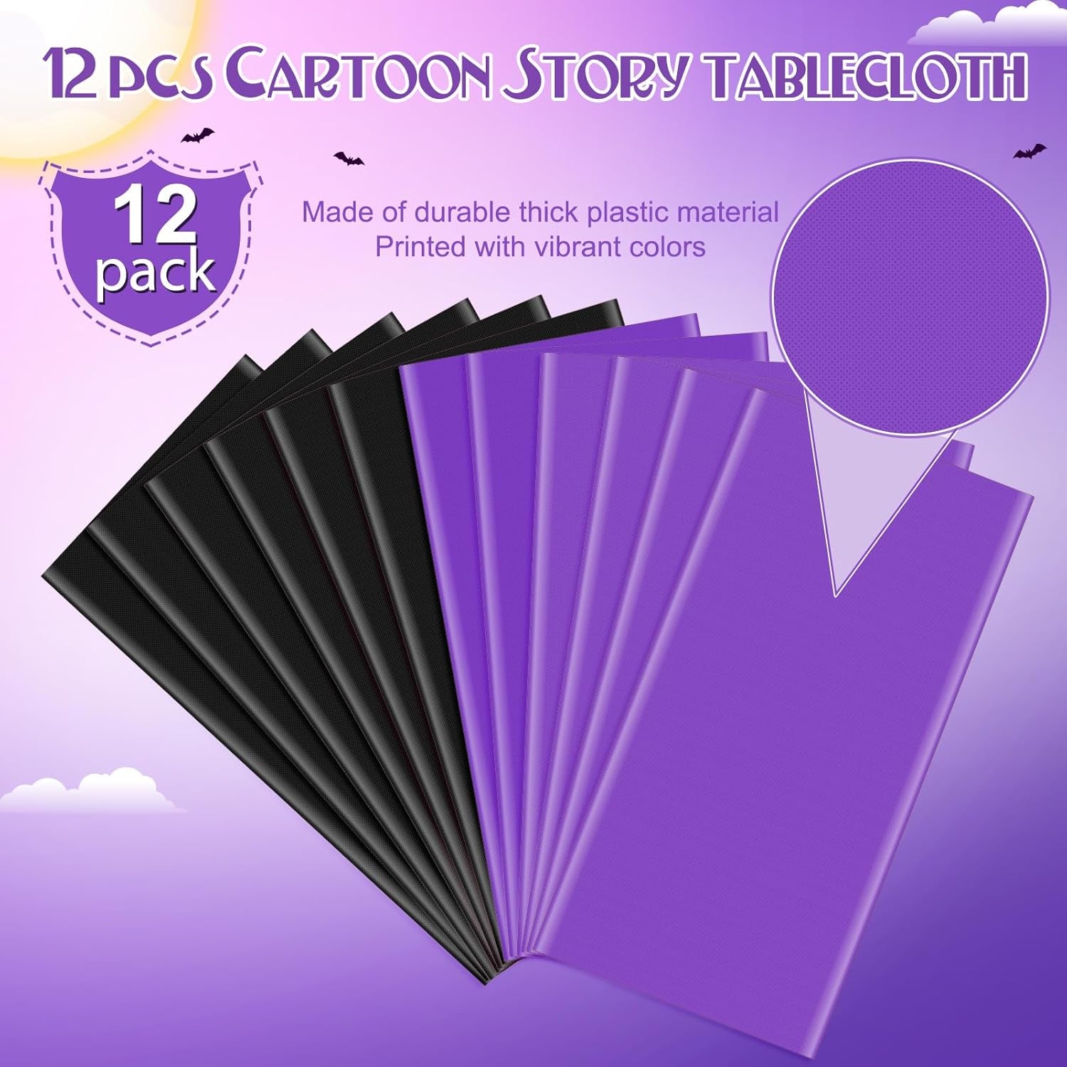 12Pack 54 X 108 Inch Halloween Tablecloths Bulk Plastic Black Purple Table Cloths Disposable Rectangle Table Covers for Halloween Witch Vampire Party Fall Autumn Harvest Party Decoration