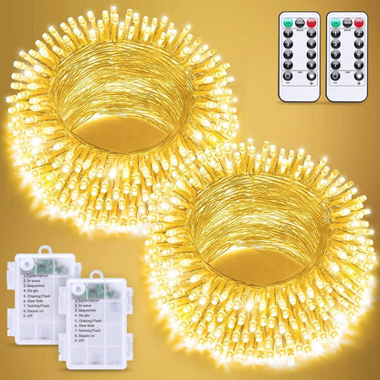 2 Pack Battery Operated String Lights with Remote, Total 66Ft 200 LED Classroom Lights, Battery Christmas Light Outdoor Indoor for Bedroom Classroom Dorm Yard Tree Party Decor(Warm White)