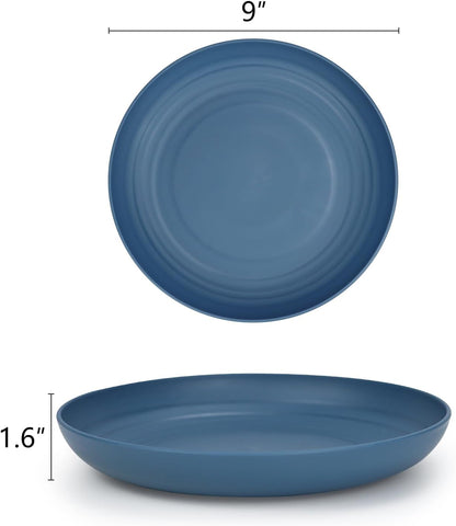 Wheat Straw Dinner Plates - Set of 8 Durable, Dishwasher and Microwave Safe Children's Plates (Blue) - 9 Inch Size