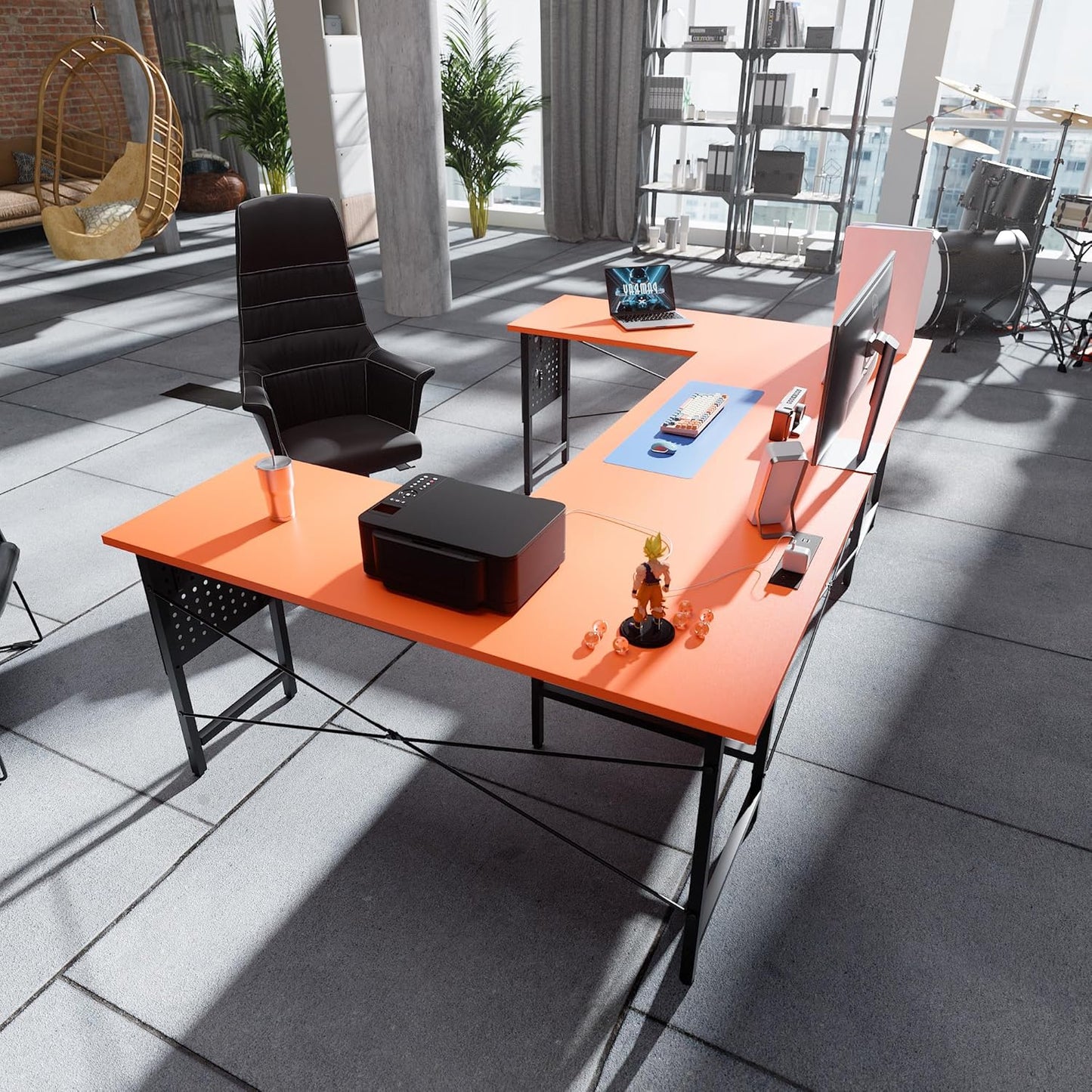 71 Inch Large Computer Desk with Power Outlets,U Shaped Corner Desk for Home Office Work and Gaming Orange