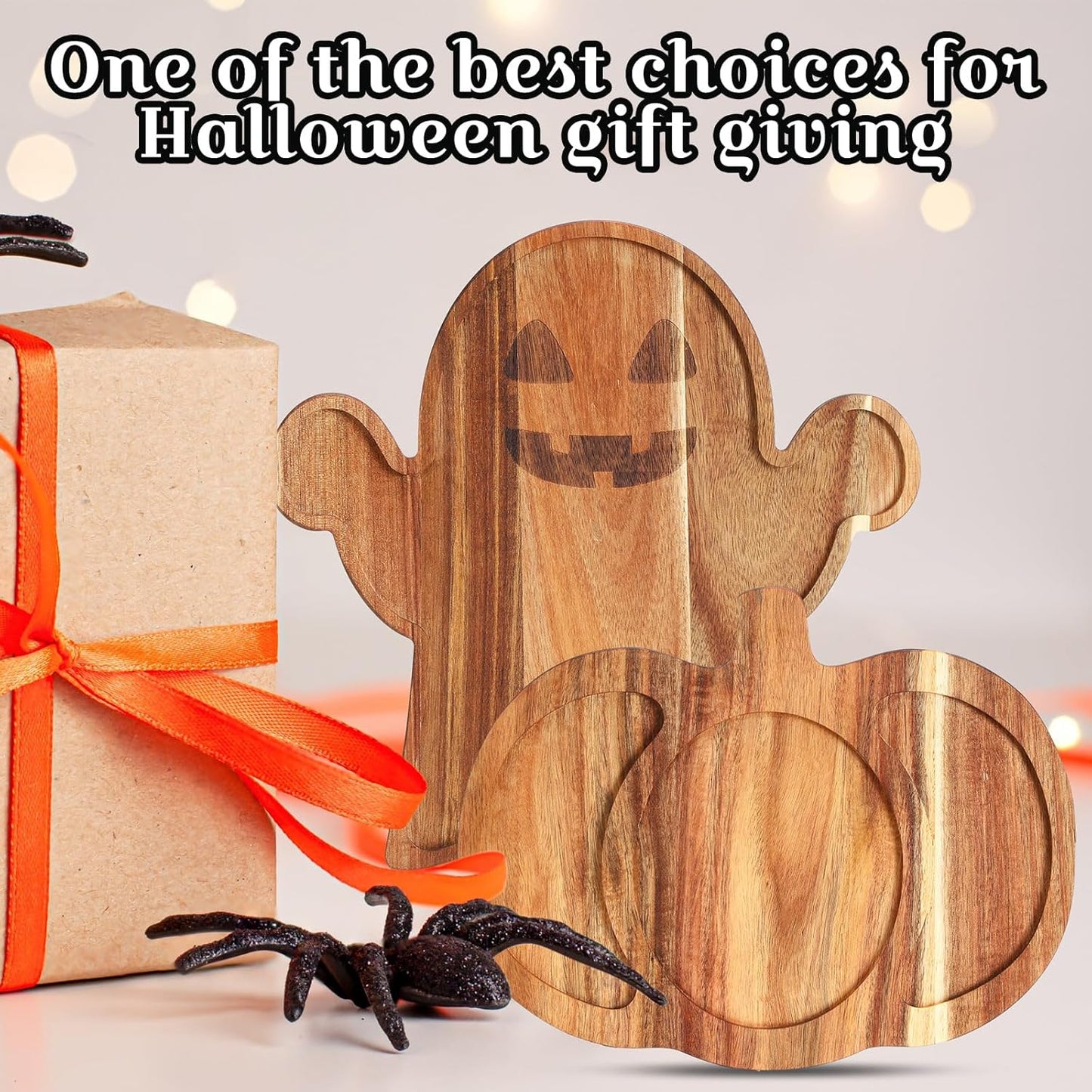 Set of 2 Halloween-Themed Acacia Wood Charcuterie Boards - Pumpkin and Ghost Shaped Cutting Boards with Handles for Serving Cheese, Vegetables, and Salads