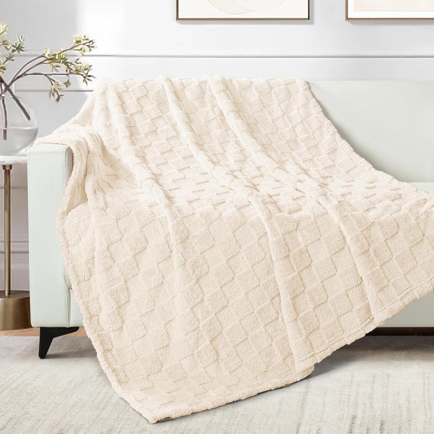 Ivory Fleece Throw Blanket for Couch - Lightweight, Super Soft, and Warm Checkered Design, 50x60 Inches, Ideal for All Seasons