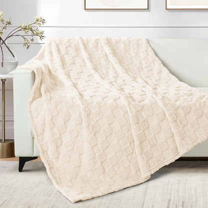 Ivory Fleece Throw Blanket for Couch - Lightweight, Super Soft, and Warm Checkered Design, 50x60 Inches, Ideal for All Seasons