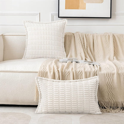 Pure White Corduroy Decorative Throw Pillow Covers Pack of 2 Soft Striped Pillows Pillowcases with Broad Edge Modern Winter Cute Boho Home Decor for Couch Sofa Bed 18X18 Inch