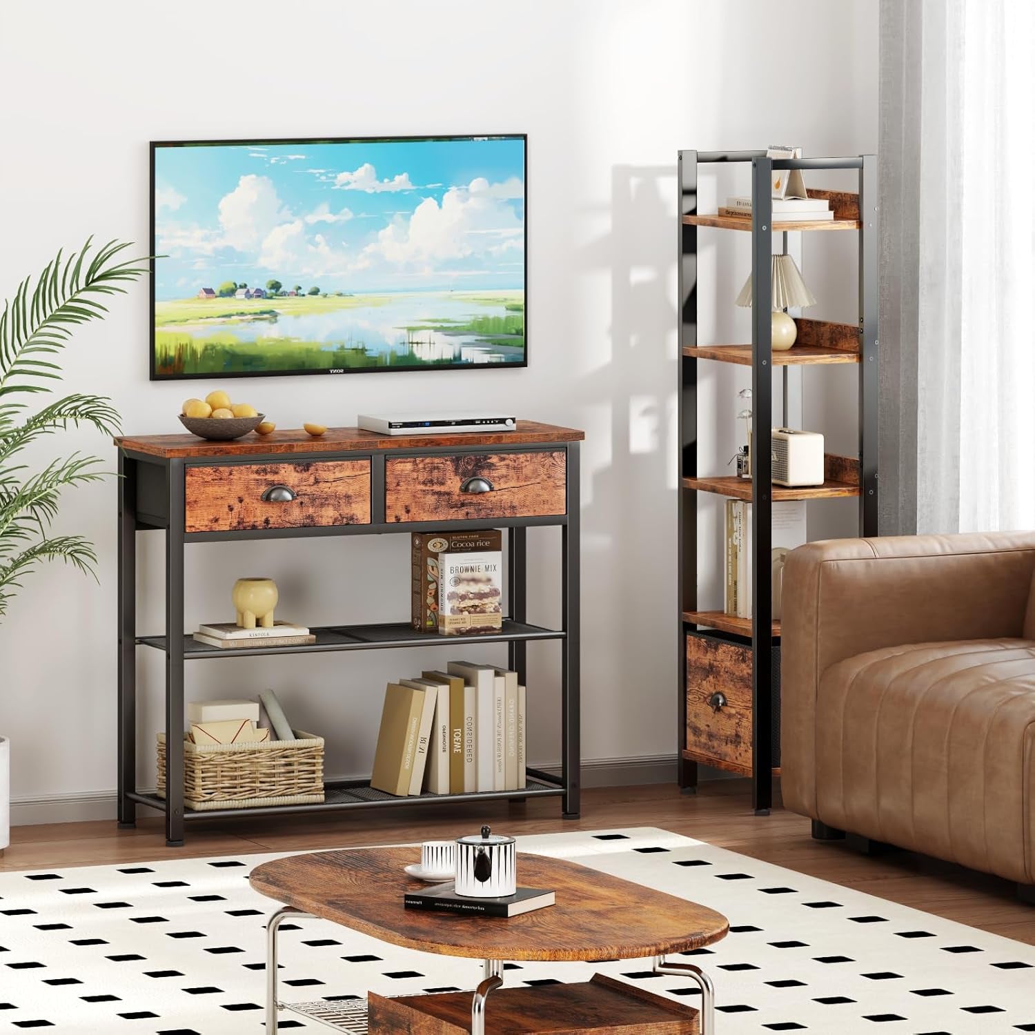Console Sofa Table with Storage Shelf for Entry Way, Small 30'' Entryway Table with 2 Fabric Drawers, Industrial Display Shelves for Hallway, Entrance, Foyer, Rustic Brown