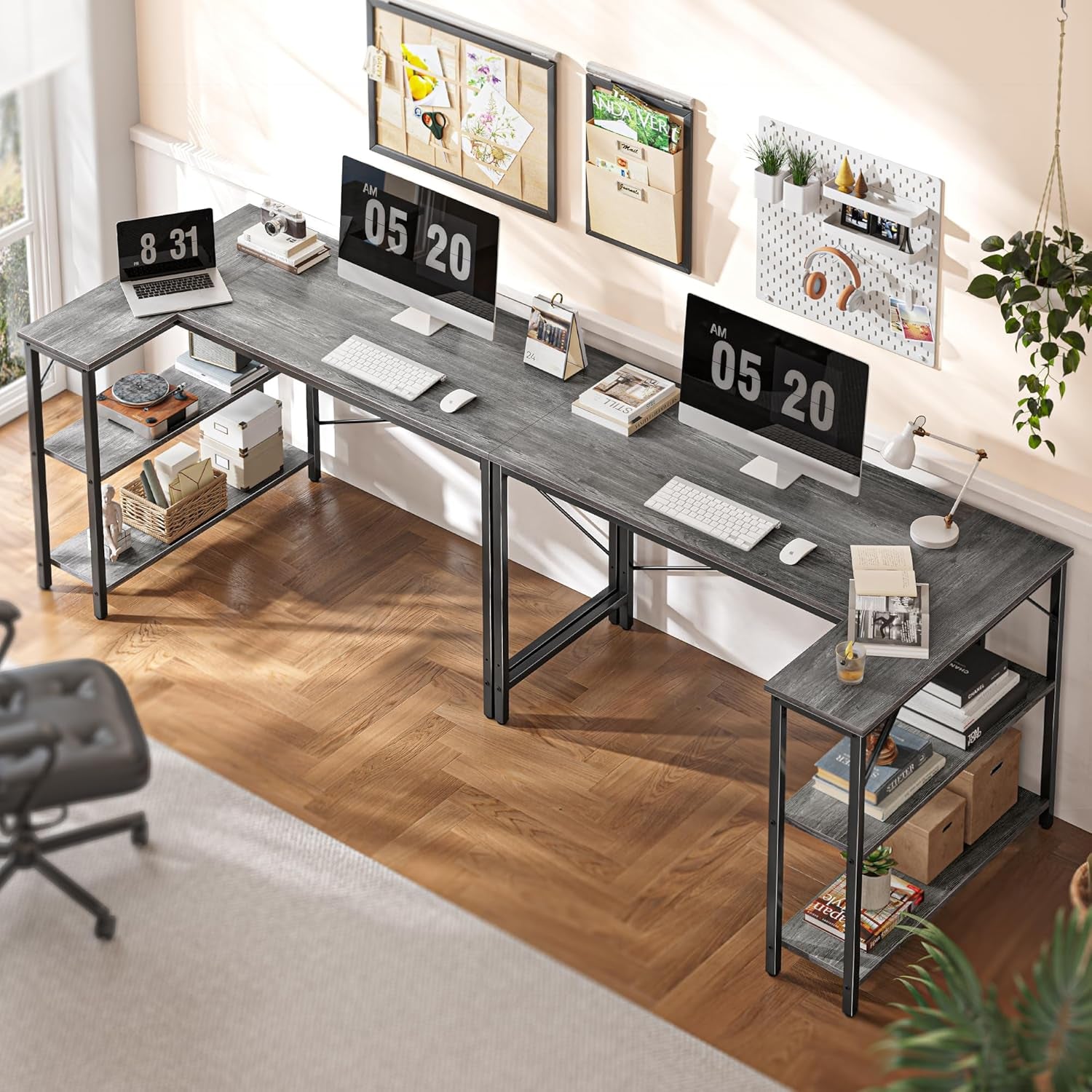 L-Shaped 47-Inch Computer Desk with Reversible Storage Shelves for Home Office, Gaming, and Study - Metal Frame, Gray