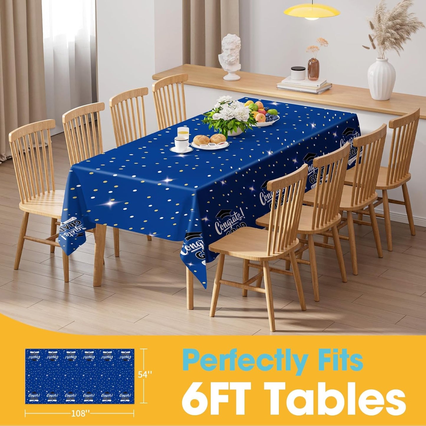 Graduation Blue Plastic Table Cloth - 4 Pack 54" × 108" Rectangle Disposable Tablecloths for 6FT Tables, Waterproof Table Cover for Party, Holiday & Gathering Use