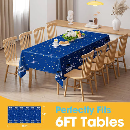 Graduation Blue Plastic Table Cloth - 4 Pack 54" × 108" Rectangle Disposable Tablecloths for 6FT Tables, Waterproof Table Cover for Party, Holiday & Gathering Use