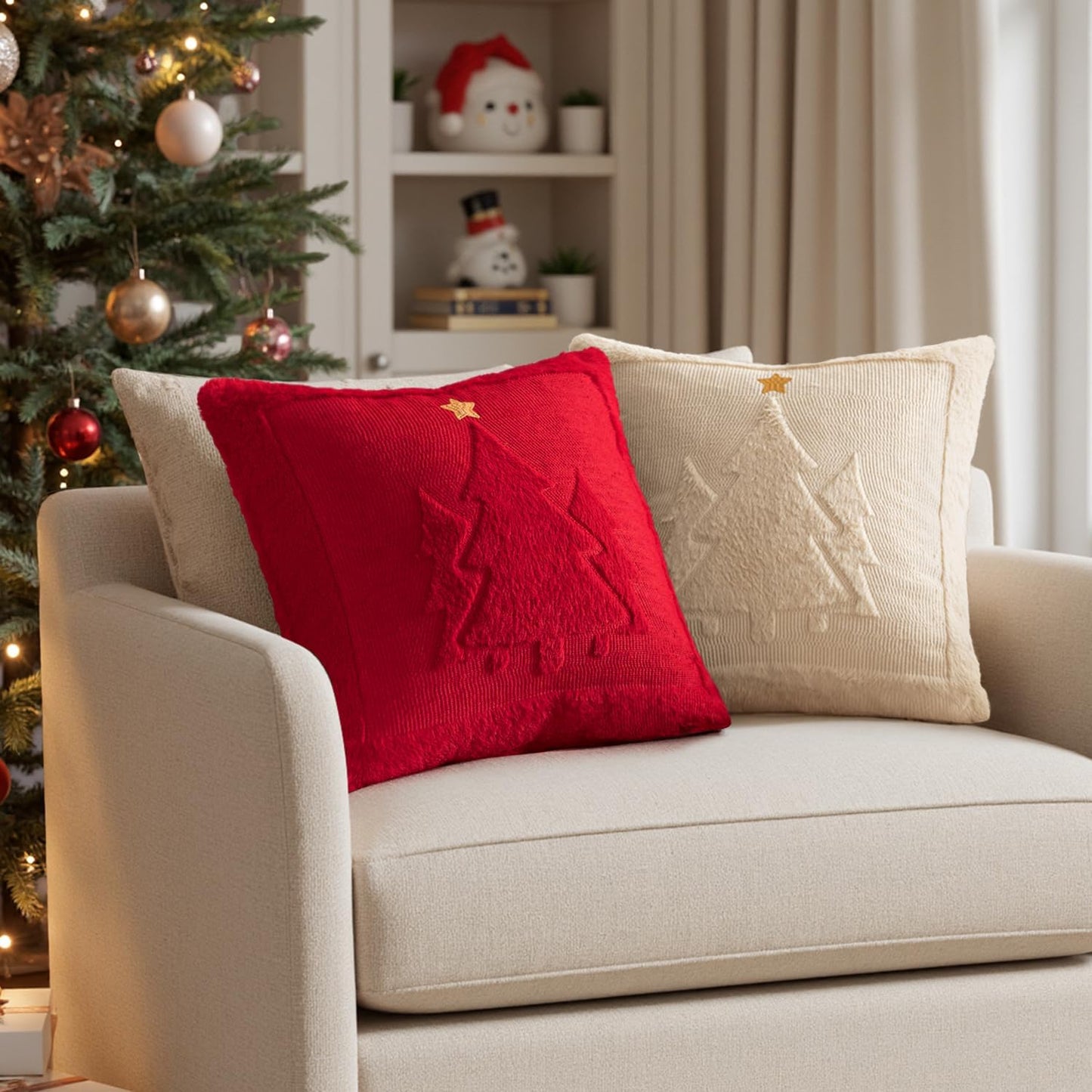 Christmas Trees Pillow Covers Set of 2 Decorative Soft Throw Pillows Plush Faux Fur Wool Embroidered Couch Cushion for Holiday Winter Home Decor Chair Sofa Bedroom Living Room,Red 18X18Inch