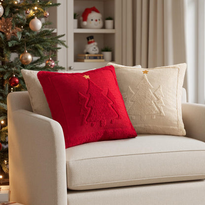 Christmas Trees Pillow Covers Set of 2 Decorative Soft Throw Pillows Plush Faux Fur Wool Embroidered Couch Cushion for Holiday Winter Home Decor Chair Sofa Bedroom Living Room,Red 18X18Inch
