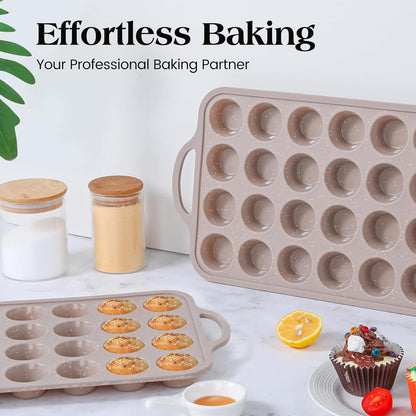Mini Silicone Muffin Pans for Baking with Metal Reinforced Frame, 24 Cups Brown Regular Size Nonstick Cupcake Pan, BPA Free Oven Dishwasher Safe Baking Mold for Muffins Cupcakes