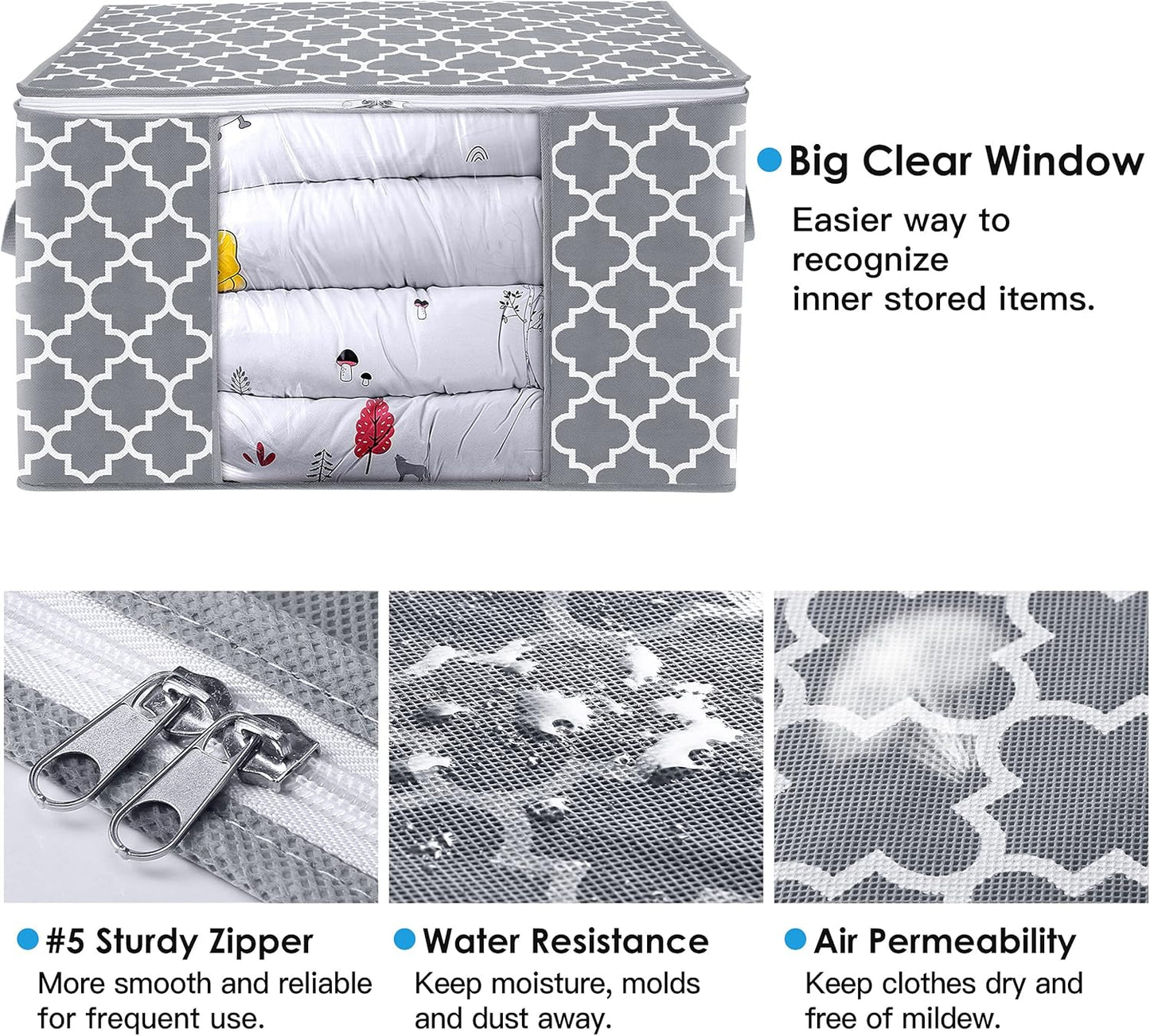 Storage Bags 100L 2-Pack Large Blanket Clothes Organization and Storage Containers for Bedding, Comforters, Foldable Organizer with Reinforced Handle, Clear Window, Sturdy Zippers, Light Grey