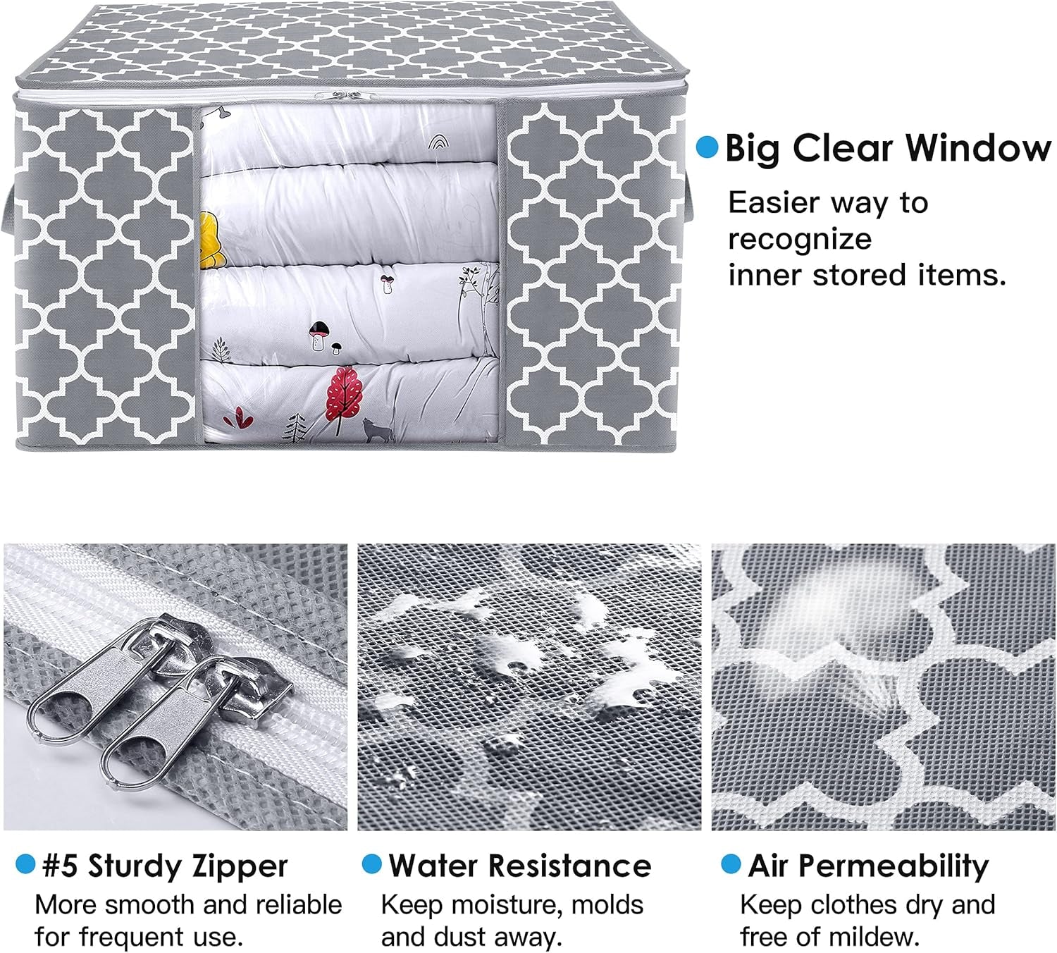 Storage Bags 100L 2-Pack Large Blanket Clothes Organization and Storage Containers for Bedding, Comforters, Foldable Organizer with Reinforced Handle, Clear Window, Sturdy Zippers, Light Grey
