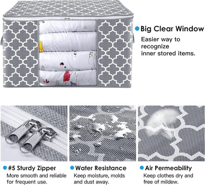 Storage Bags 100L 2-Pack Large Blanket Clothes Organization and Storage Containers for Bedding, Comforters, Foldable Organizer with Reinforced Handle, Clear Window, Sturdy Zippers, Light Grey