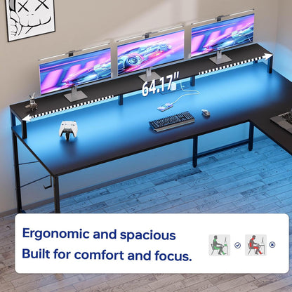 64 Inch L Shaped Gaming Desk with Power Outlets and Led Lights, Large Corner Computer Desk with Monitor Stand and Pegboard, PC Table for Home Office and Bedroom White