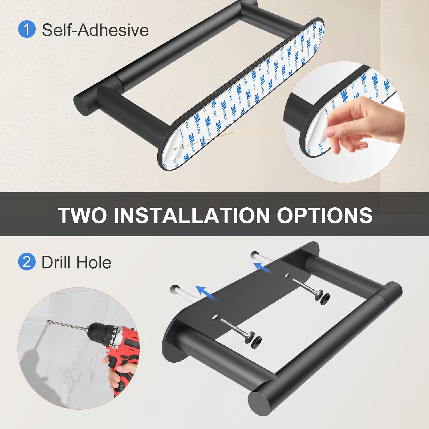 Toilet Paper Holder Adhesive or Screw-In Matte Black Bathroom Toilet Paper Roll Holders Wall Mount Stainless Steel Tissue Holder for Bathroom Hardware Accessories