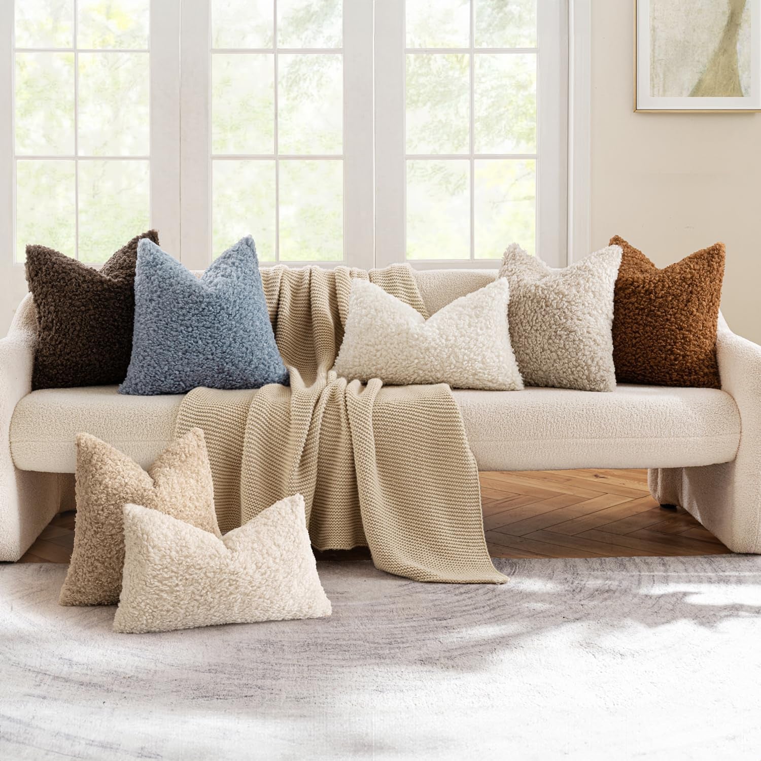 Pack of 2 Dusty Blue Faux Fur Throw Pillow Covers 18X18 Inch Boucle Decorative Sherpa Pillow Covers Fuzzy Accent Soft Sheepskin Fleece for Boho Home Decor Sofa Living Room Couch Bed