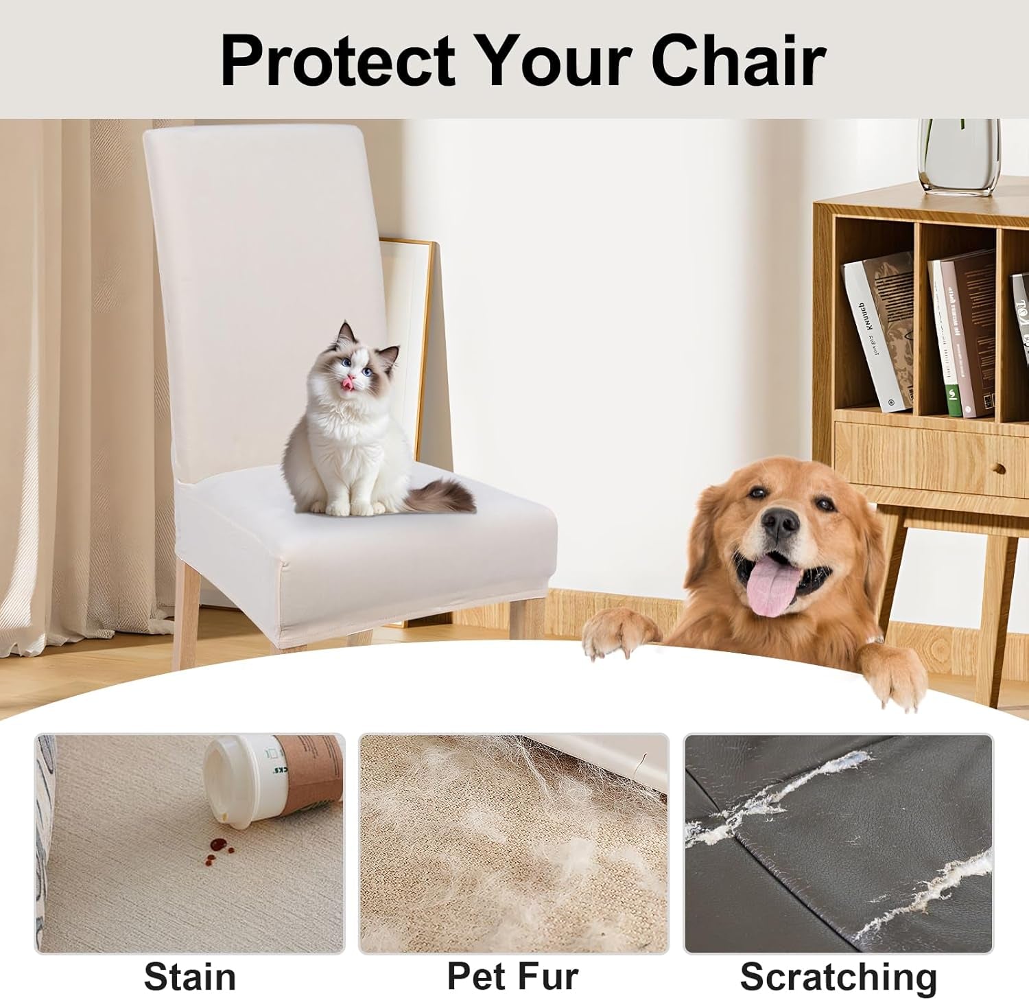 Velvet Stretch Chair Covers for Dining Room Set of 2, Soft Fit Removable Washable Kitchen Parsons Chair Slipcover Protector, Cream