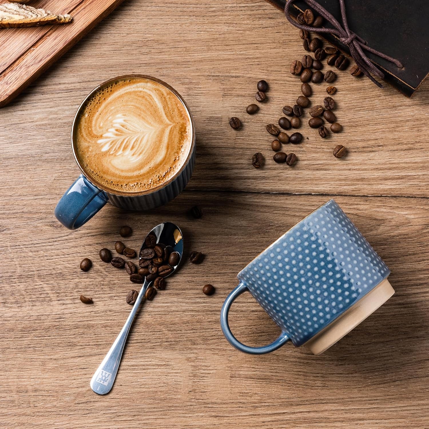 Stackable 12 OZ Ceramic Coffee Mugs Set of 4 with Textured Patterns, Dishwasher and Microwave Safe, Ideal for Lattes, Cappuccinos, and Cocoa