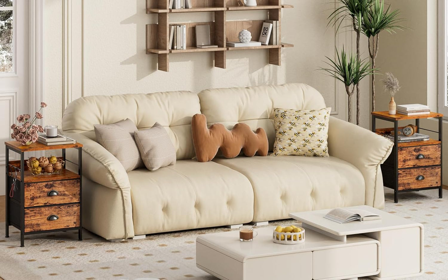 Nightstands Set 2, Bedside Table with 2 Fabric Drawers, End Table with Hooks and Shelf, Side Table for Bedroom/Living Room/Study/Hallway/Brown