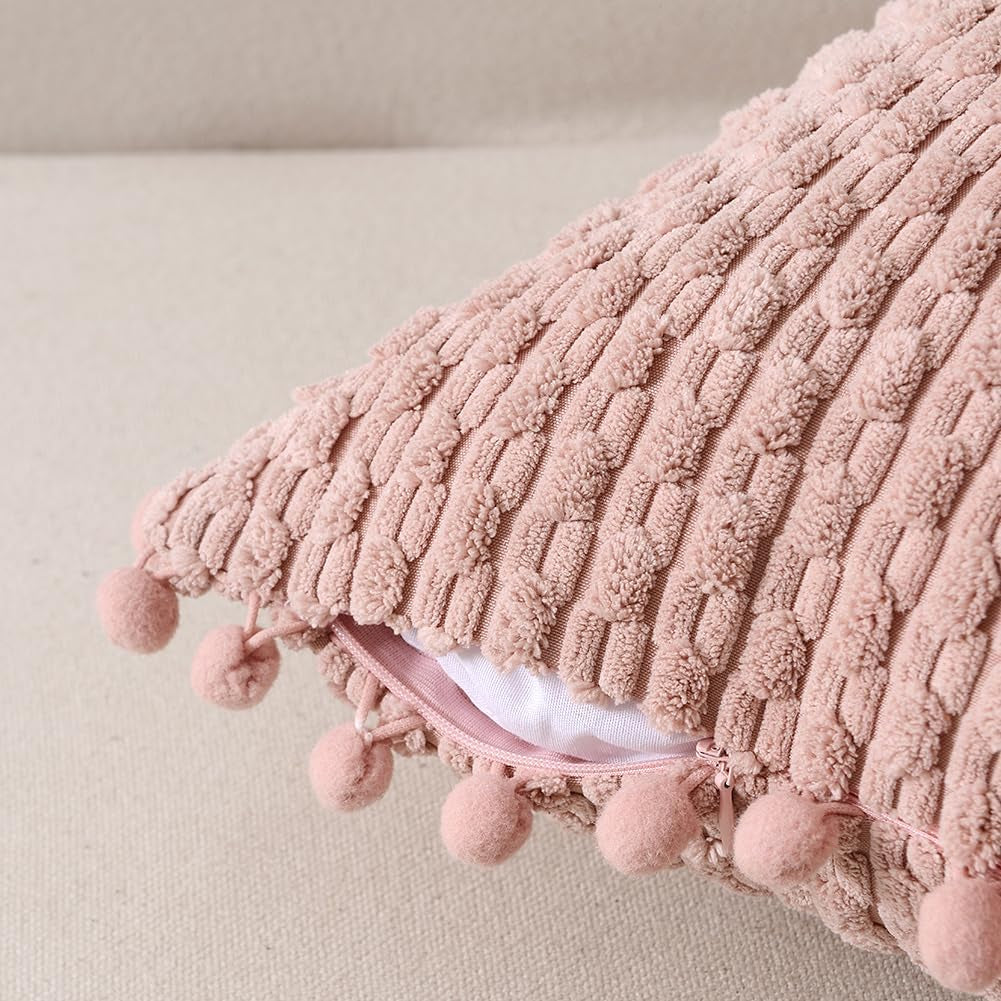 2 Packs Dusty Pink Decorative Throw Pillow Covers 18X18 Inch with Pom-Poms for Couch Bedroom Living Room, Farmhouse Boho Home Decor, Soft Cute Plush Corduroy Blush Cushion Case 45X45 Cm