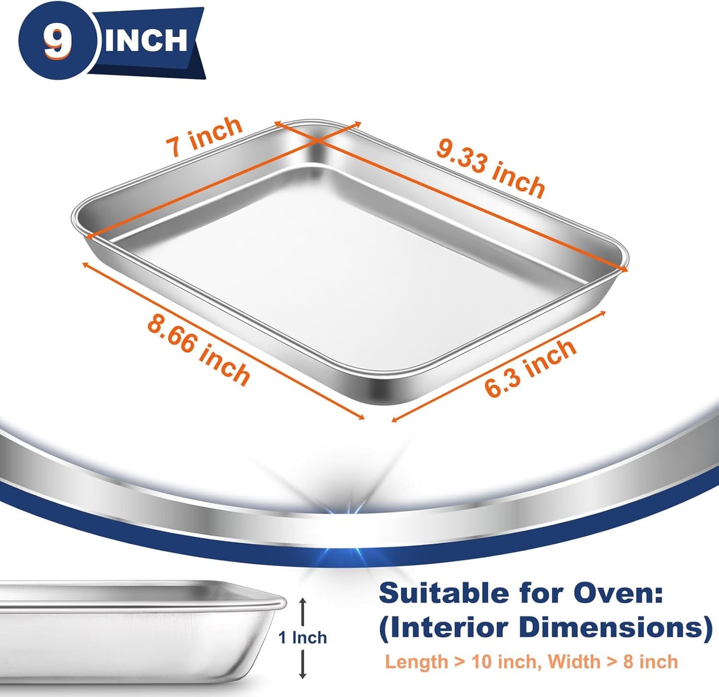 9 Inch Baking Cookie Sheet, Oven Pan Tray Stainless Steel Sheet Pan for Kitchen, Oven Bakeware for Multi Uses, Shiny Look & Dishwasher Safe, Healthy & Heavy Duty, 1Pc