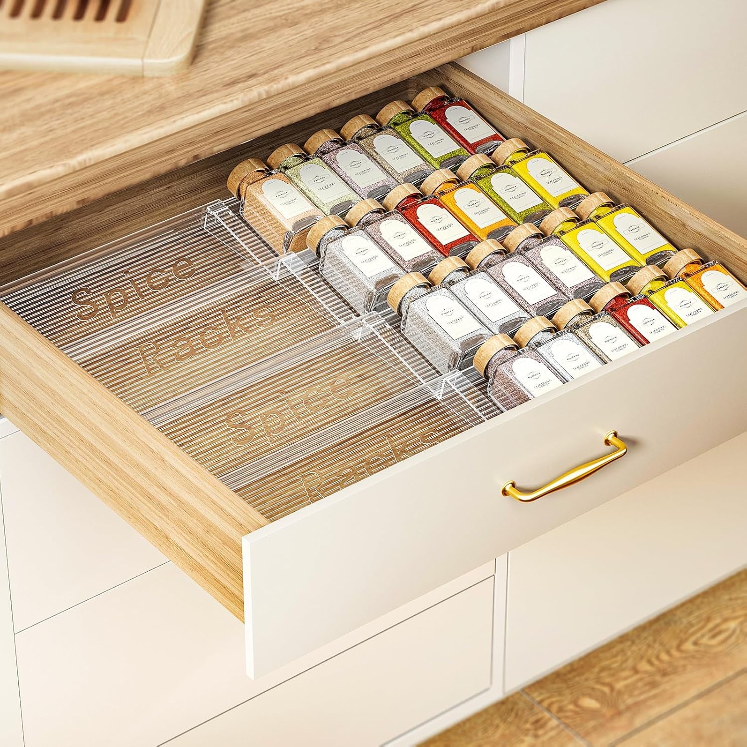 2-Tier Spice Drawer Organizer 4 Pack, Expandable from 11" to 22" Clear Acrylic Spice Rack for Drawer, Kitchen Spice Organization, Seasoning Organizer Holds up to 48 Jars(Jars Not Included)