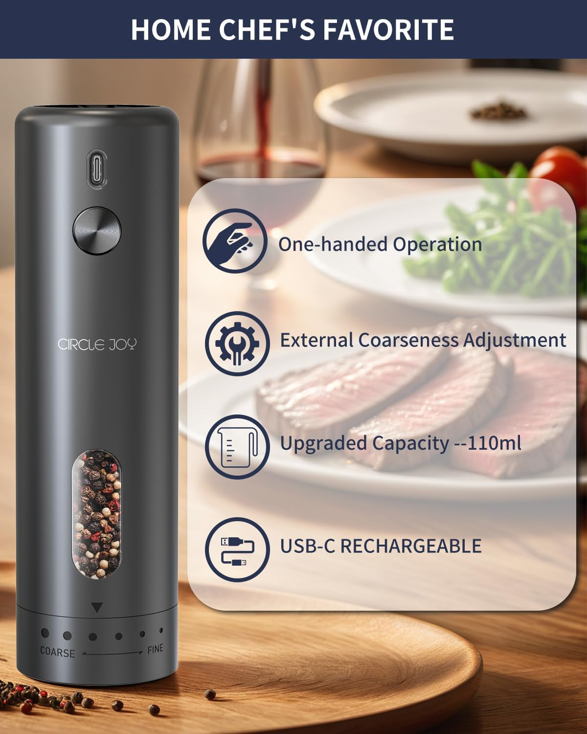 Electric Pepper Grinder Rechargeable, Automatic Pepper Mill with 110Ml Container, External Adjustable Coarseness, White Led Light and One-Handed Operation, Black